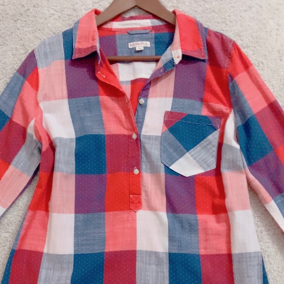 Merona Blue Red Dotted Checkered Shirt Top Blouse L Large - Picture 5 of 7